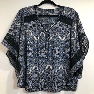 Zac & Rachel Sz XL Multicolour Boxy Blouse Relaxed Fit Kimono Lace Trim Sleeves